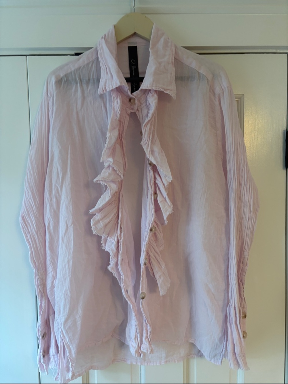 Light Pink Ruffle-Front Blouse with Soft Collar